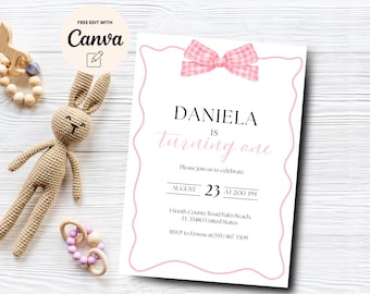 Pink Bow 1st Birthday Invitation Girl, First Birthday Template Printable, Pink Coquette Bow Invitation, Canva Editable, Digital Download