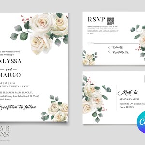 May include: Wedding invitation suite with white roses and greenery. The invitation features the names Alyssa and Marco, the date and time of the wedding, and the location. The RSVP card includes a QR code and a space for guests to indicate their attendance. The mailing address card includes the names Alyssa and Marco, the address, and a stamp.