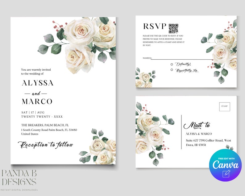 May include: Wedding invitation suite with white roses and greenery. The invitation features the names Alyssa and Marco, the date and time of the wedding, and the location. The RSVP card includes a QR code and a space for guests to indicate their attendance. The mailing address card includes the names Alyssa and Marco, the address, and a stamp.