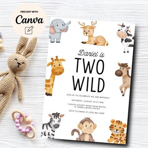 Two Wild Birthday Invitation, Safari 2nd Birthday Invite Jungle Animal Boy Second Birthday Invitation, Digital Download