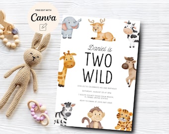 Two Wild Birthday Invitation, Safari 2nd Birthday Invite Jungle Animal Boy Second Birthday Invitation, Digital Download