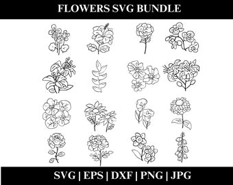 Flower SVG Bundle, Floral Outline Clipart PNG, SVG Cut Files, Wedding, Border, Bundle, Instant Download, Digital Product