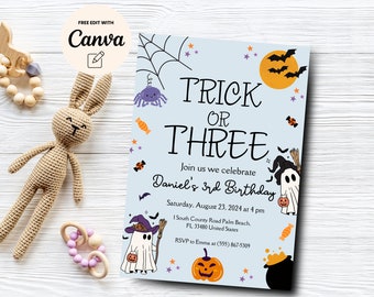 Trick or Three Halloween, Ghost 3rd Birthday Party Invitation, Ghost Third Birthday, Canva Template, Digital Download