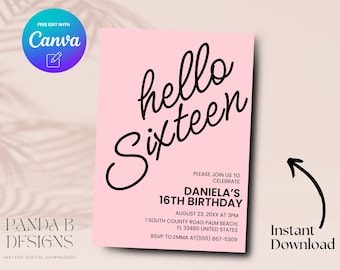 Bonjour seize 16e anniversaire Invitation, Invitation minimaliste rose 16e anniversaire, modèle de toile d'invitation Sweet Sixteen anniversaire, téléchargement numérique