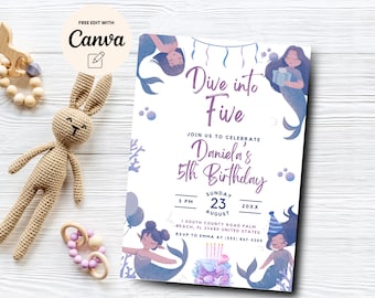 Dive Into Five Mermaid 5th Birthday Invitation, Under the Sea Birthday Invite, Ocean Birthday Invite, Canva Template, Digital Download