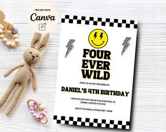 4e verjaardagsuitnodiging voor jongen, Groovy Four Ever Wild, smile face nodigt uit, Lightning Bolt, Canva-sjabloon, digitale download