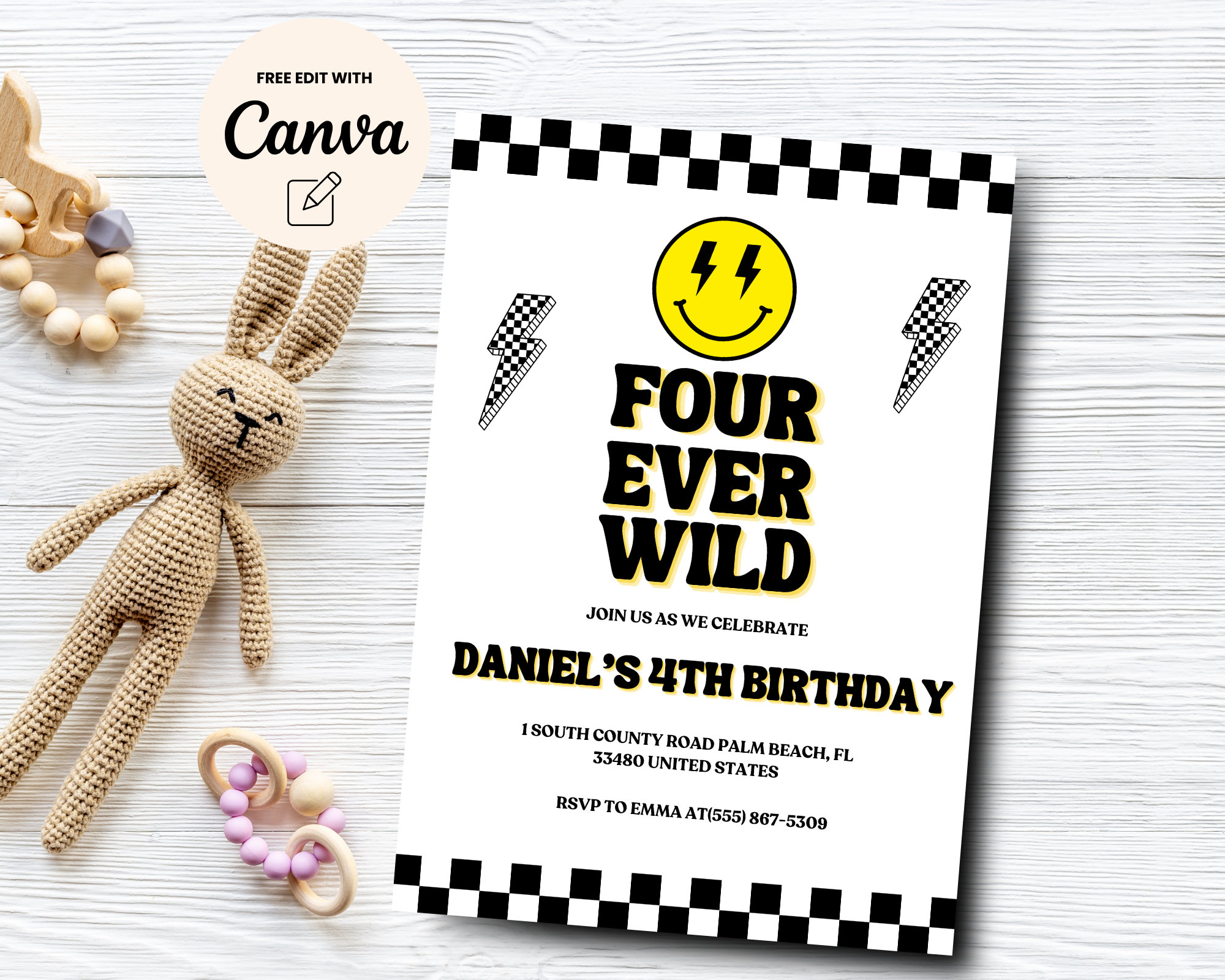 four 専用ページ 4th Birthday Invitation for Boy, Groovy Four Ever Wild, Smile Face