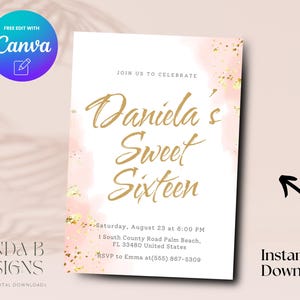 Sweet Sixteen 16th birthday invitation, teen girl birthday invite, 16th birthday invitation teen girl, Canva Template, Digital Download