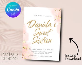 Sweet Sixteen 16th birthday invitation, teen girl birthday invite, 16th birthday invitation teen girl, Canva Template, Digital Download