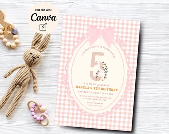 Goose 5th Birthday Invitation, Girl 5th Birthday Invite, Goose Birthday, Pink Gingham Birthday Invite, Canva Template, Digital Download