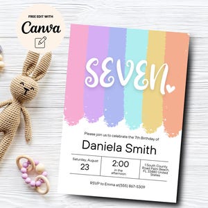 Editable 7th birthday invitation, Seventh girl birthday invite, 7th birthday invitation girl Rainbow, Canva Template, Digital Download