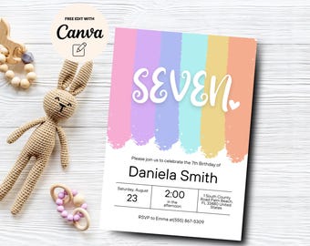 Editable 7th birthday invitation, Seventh girl birthday invite, 7th birthday invitation girl Rainbow, Canva Template, Digital Download