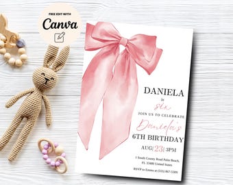 Pink Bow 6th Birthday Invitation Girl, 6th Birthday Template Printable, Pink Coquette Bow Invitation, Canva Template, Digital Download