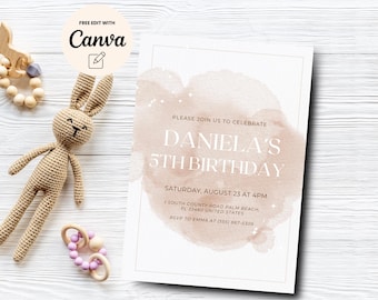 Editable 5th Birthday Invitation, Brown 5th Birthday Party Invite, Waterecolor Birthday Invitation, Canva Template, Digital Download
