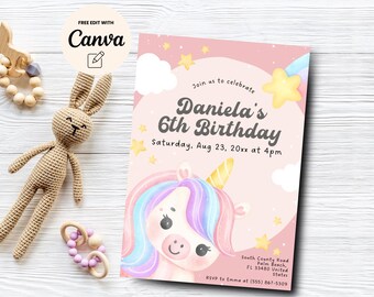Unicorn 6th Birthday Invitation, Pastel 6th Birthday Invite, Unicorn Girl 6th Birthday Invitation, Canva Template, Digital Download