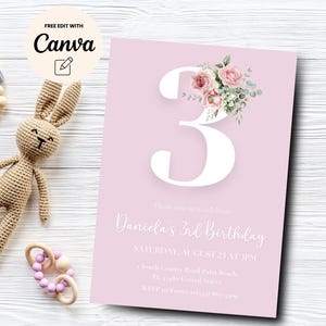 Floral 3. Geburtstagseinladung, Blumen Gartenparty Einladung zum 3. Geburtstag, Sommer-Geburtstagseinladung, Canva Vorlage, digitaler Download