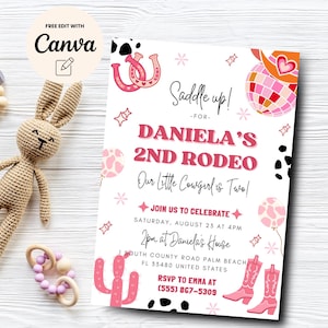 Editable 2nd Rodeo Birthday Invitation Template, Our Little Cowgirl is Two, Girl Birthday Invite Canva Template, Digital Download