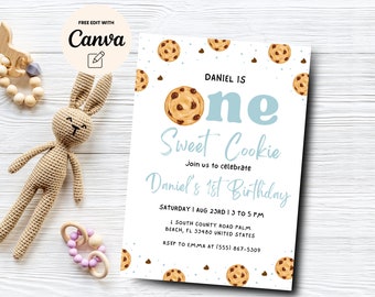 One Sweet Cookie Birthday Invite, Editable First Birthday Invitation, Blue Boy 1st Birthday, Canva Editable, Digital Download