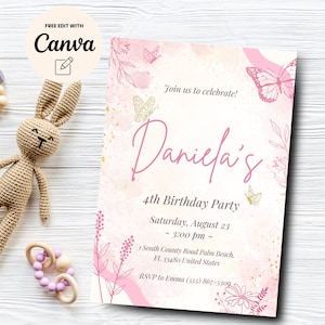 Butterfly 4th Birthday Invitation Template, Pink Butterfly Kisses Invite, Girl First Birthday, Canva Template, Digital Download