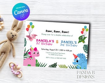 Dinosaur Double Birthday Invite for Kids, Girl Boy Birthday Invitation, Dinosaur Trex invite Any Age, Canva Template, Instant Download