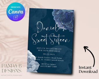 Floral 16th Birthday Invite, Garden Birthday 16th Birthday Invitation, Girl 16th Birthday Invite Canva Template, Digital Download