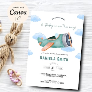 Airplane Baby Shower Invitation, Editable Travel Baby Shower Invite Template, Canva Editable Template, Digital Product