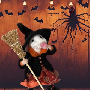 Needle Felted Halloween Witch Mouse: Mystical Wool Decor Gift Forbirthday