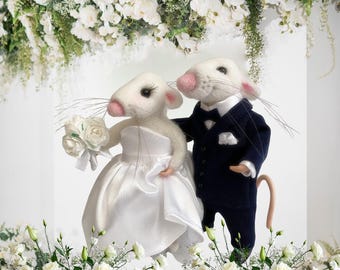 Needle Felt Wedding Mice Couple: Bride & Groom Cake Topper, Wool Merino Figurines