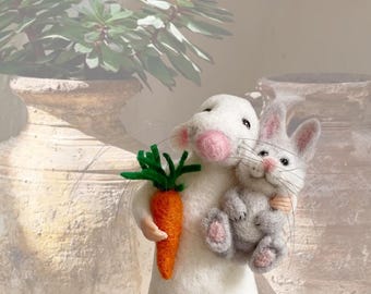 Needle Felted Mouse with Bunny – Handmade Wool Mouse Figurine