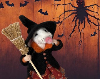 Needle Felted Halloween Witch Mouse: Mystical Wool Decor Gift Forbirthday