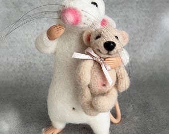Needle Felted Mouse with Little Teddy Bear – Collectible Wool Figurine Gift Forher