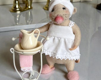 Needle Felted Mice in the Bathroom Handmade Wool Collectible Figurine (set)