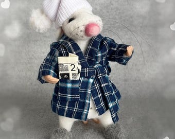 Needle Felted Mice in Slippers and Bathrobe: Collectible Dressed Mouse Figurine