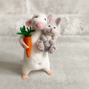 Needle Felted Mouse with Bunny – Handmade Wool Mouse Figurine