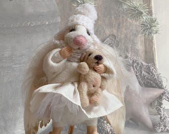 Needle Felted Angel Mouse with Teddy Bear –Wool Christmas Ornament, Collectible Figurine-Home Decor