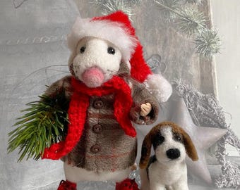 Needlefelted Wool Mice  Collectible Figurine Christmas Dressed Mouse Gift ForBirthday