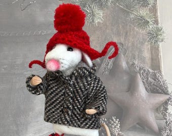 Needle Felted Mouse Wool Christmas Ornament: Collectible Figurine Dressed Mouse Gift ForHer