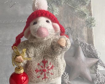 Needle Felted Wool Christmas Mice: Collectible Figurine Winter Dressed Mouse