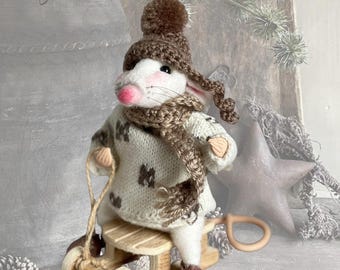 Needlefelted Mice Figurine: Collectible Winter Decor Dressed Mouse on a Sled, ForBirthday