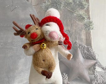 Needle Felted Mice with Reindeer, Woolen Mouse Christmas Ornament  Winter Decor Set, Gift forher