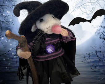Needlefelted Witch Mice Wool Black Dressed Mouse Halloween Decoration, ForBirthday
