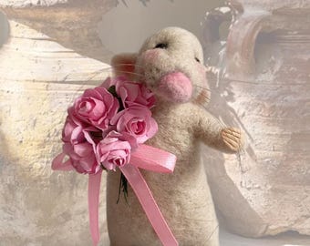 Needle Felted Mouse with Flowers – Wool Figurine Collectible Art (11cm)  Gift for Her ForBirthday