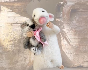 Felted Mouse with Kitten Cat: Handmade Wool Collectible Figurine Gift for Her Forbirthday