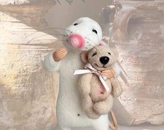 Needle Felt Mouse Figurine With a Tiny Teddy Bear Adorable Gift for Her ForBirthday, Anniversary
