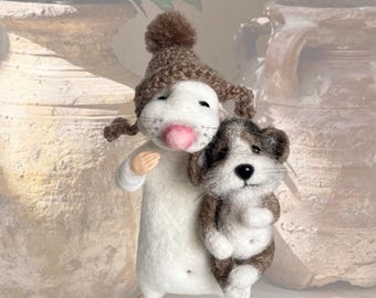 Needle Felt Mouse with a Tiny Dog Wool Collectible Figurine Gift for Her ForBirthday