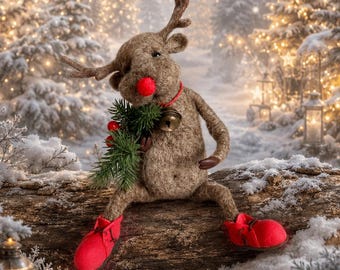 Needle Felted Rudolf the Reindeer – Christmas Ornament Wool Figurine 8,7 inches