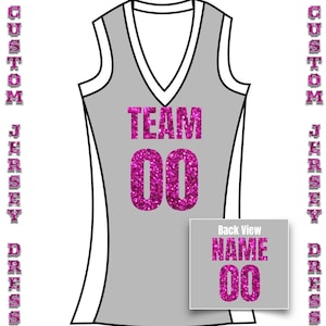 May include: A gray basketball jersey with a pink glitter design. The front of the jersey says "TEAM 00" and the back says "NAME 00".