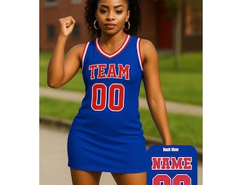 Custom Name Number Jersey Dress, Women Blue Red White Basketball Jersey Dress, Ladies Throwback Jersey Dress