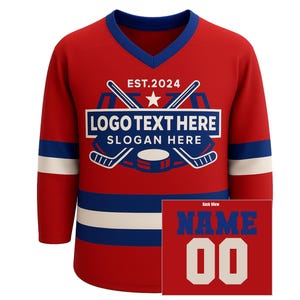 Camiseta de hockey personalizada, nombre personalizado, número, logotipo, uniforme de camiseta de hockey sobre hielo en colores rojo, negro, verde, amarillo, dorado, blanco y gris.