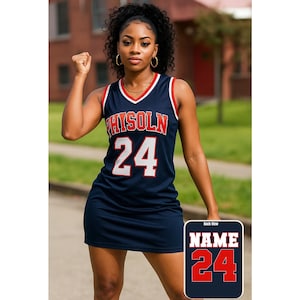 May include: A navy blue basketball jersey dress with white lettering and the number 24. The jersey has red and white trim and the word "HISOLN" across the chest. A small graphic shows the back view with the name and number 24.